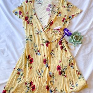 Floral Yellow Wrap Dress